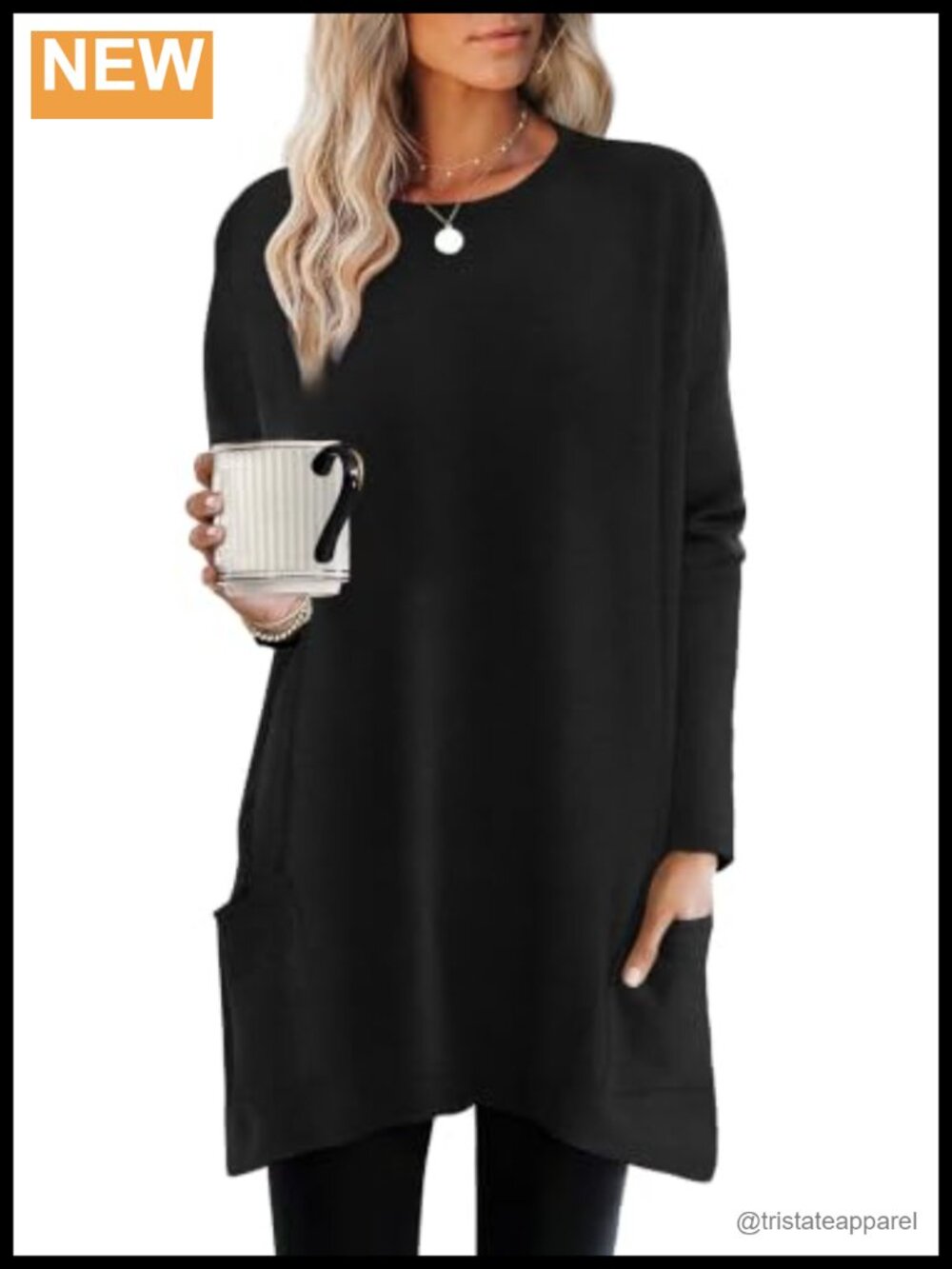 Womens Tunic Top Long Sleeve Crew Neck High Low Hem Loose Fit Shirt